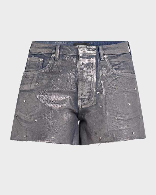 Foiled Denim Cut-Off Shorts with Rhinestones